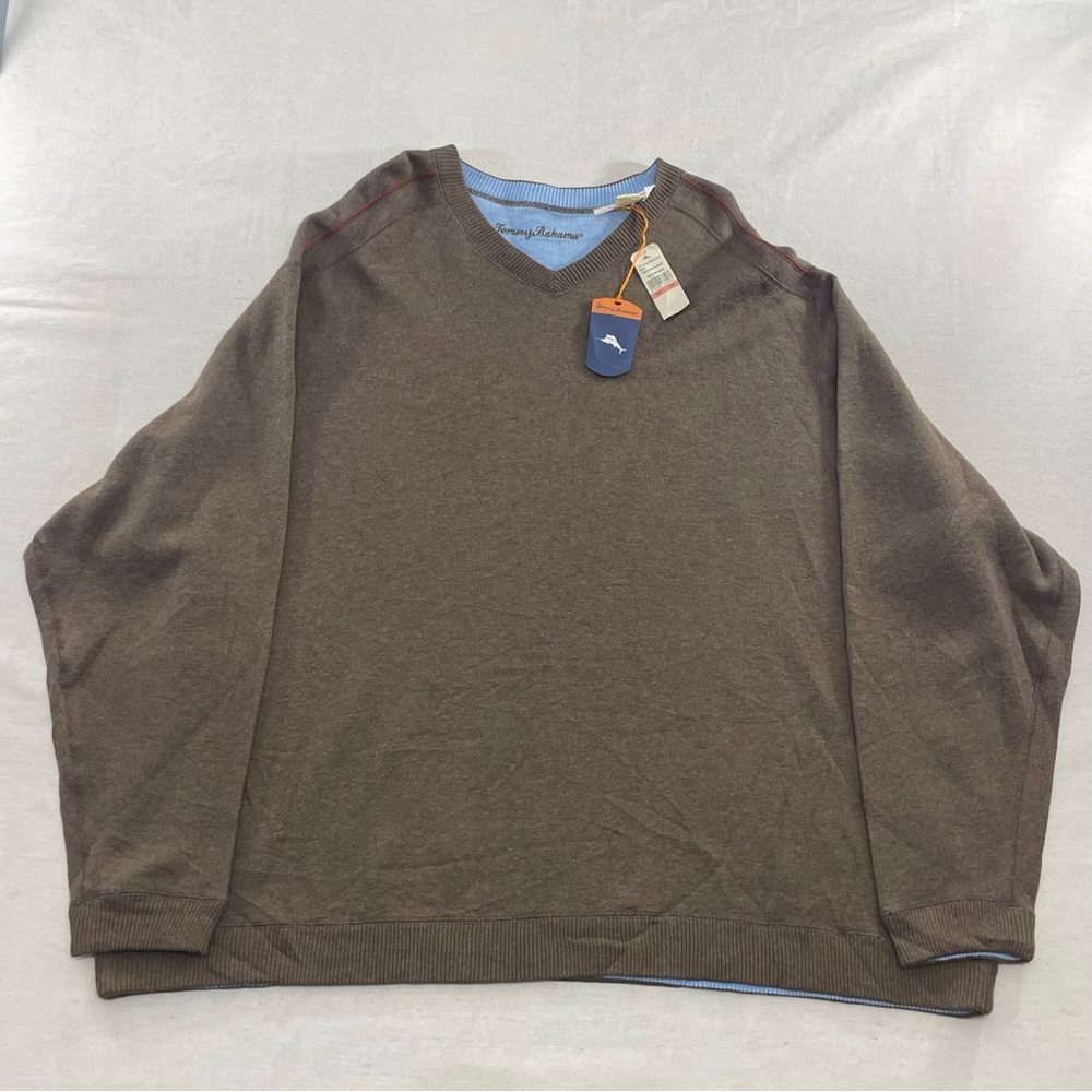 Tommy Bahama Sweater Mens 3XB Brown Blue Flip Side Pro V Neck Reversible Cotton
